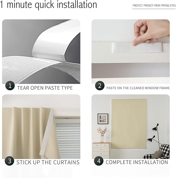 Thermal Blackout Curtains with Self-Adhesive Tape, No Rod No Drill Easy Install - Image 3