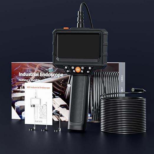 Endoscope with Light and 50ft Semi-Rigid Cable, Handheld Borescope 4.3'' HD 1080P, 8 Adjustable LED Lights, IP67 Waterproof Inspection Camera for Sewer, Gadgets for Men (Single Lens)
