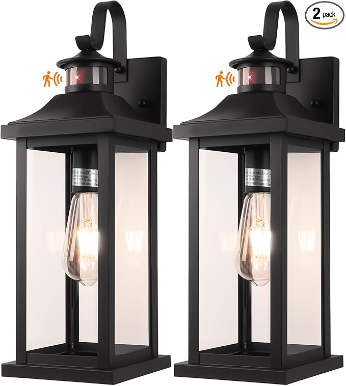 Roravilila 18 Inch Motion Sensor Outdoor Lights 2-Pack, Large Black Dusk to Dawn Outdoor Porch Lights for House IP65 Waterproof Exterior Lighting Fixtures for Front Door Garage Lantern Sconces