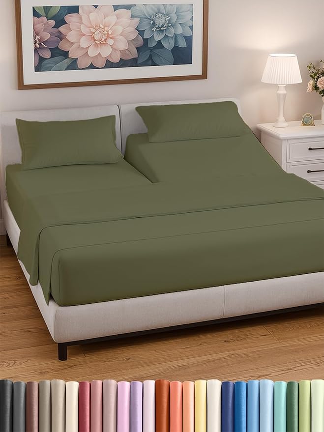 Split Head King Sheet Set – 4 Piece Flex Split Top King Sheets for Adjustable Beds - Fits 14” to 16" Mattress w/ Deep Pockets - Soft, Breathable & Cooling - Luxury Bedding & Wrinkle Free - Sage Green