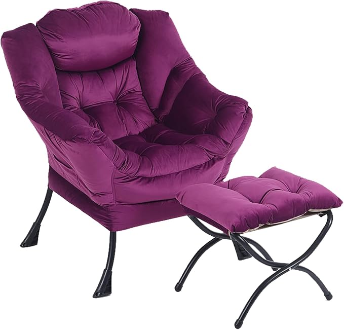 Lazy Chair with Ottoman, Comfy Accent Reading Chair, Velvet Purple | Foldable by LITA