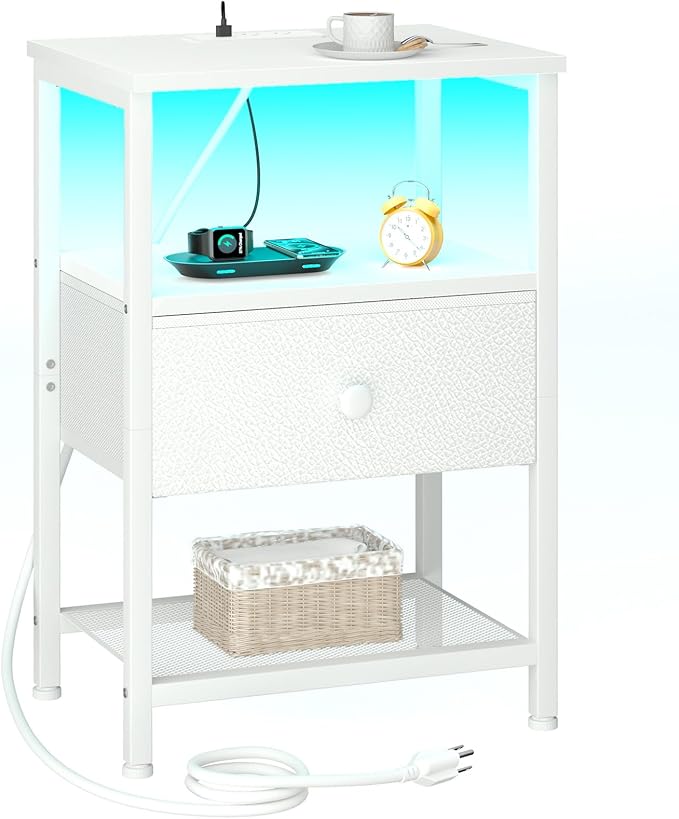 Night Stand, LED White Nightstand by LOAKEKEL