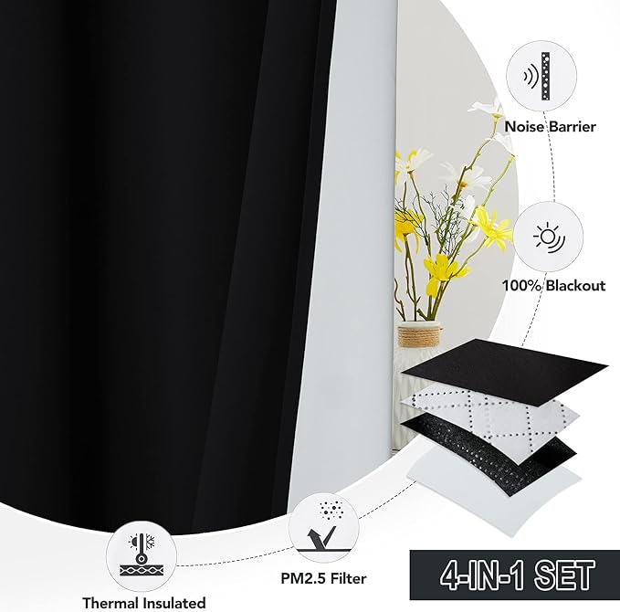 RYB HOME Soundproof & Dust Particle Filtering Curtains Blackout Window Treatment for Bedroom Living Room Divider Nursery Daytime Sleeping Patio Door, Black, W52 x L 102 inch, 2 Panels