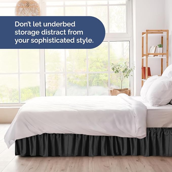 Wrap Around Dust Ruffle Bed Skirt - Black - for Queen Size Beds with 24 Inch Drop - Easy Fit Elastic Strap - Adjustable Pleated Bedskirt w/Brushed Fabric - Wrinkle Free - for Women, Men, Kids & Teens