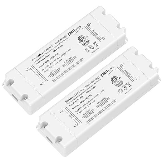 EMITEVER Triac Dimmable Driver,2 Packs 50W Power Supply,AC 120V to DC 24V Transformer,Compatible with Lutron and Leviton Dimmers,for LED Lighting,Class 2,ETL Certified