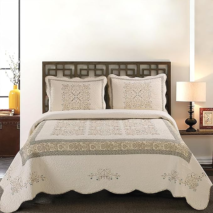 ROOMLIFE Quilt Set King Size 3D Floral Embroidery Pattern 3-Piece Cotton by ROOMLIFE