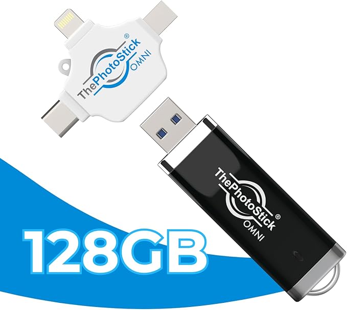 ThePhotoStick® Omni 128GB USB Flash Drive & Memory Stick – Photo & Video Backup for iPhone, Android, Mac & PC – Multiport Connection to Easily Store & Transfer Files