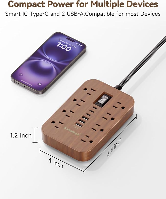 Walnut Power Strip with USB Ports - 5 FT Wood Power Strip, 1625W Decorative Extension Cord with 6 AC Outlet 3 USB, for Brown Tan Wood Walnut Grain Aesthetic Vintage Rustic Desk Accessories Decor