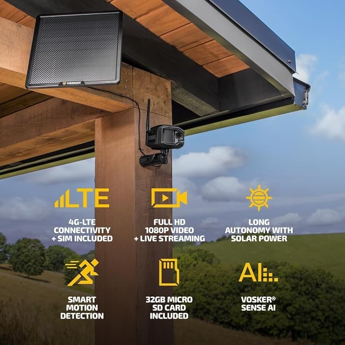 Vosker V300 Ultimate Farmers Pack Outdoor Security Camera with External Solar Panel for Farms Pastures and Greenhouses 4G LTE Black Single Unit with Battery