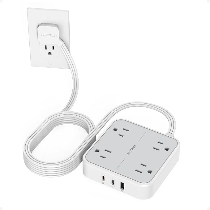 TESSAN Surge Protector Flat Extension Cord 15Ft, Flat Plug Power Strip | 4 by TESSAN