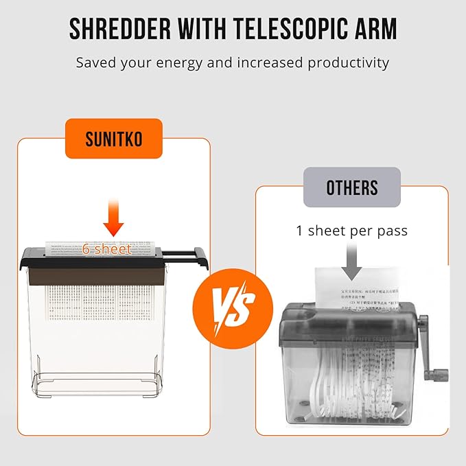 Suntiko Small Paper Shredder for Home, 6 Sheet Strip Cut Paper Shredder Without Basket,Portable Shredder Extendable Arm Design with Overheat Protection for Home Office