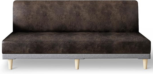 molasofa Leather Like Stretch Futon Slipcover Armless Futon Bed Sofa Cover Furniture Protector with Elastic Bottom, Soft and Washable Futon Cover for Sofa Bed Stay in Place（Larger，Dark Brown）