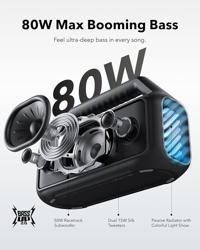 Soundcore Boom 2 by Anker, Outdoor Speaker, 80W, Subwoofer, BassUp 2.0, 24H Playtime, IPX7 Waterproof, Floatable, RGB Lights, USB-C, Custom EQ, Bluetooth 5.3, Portable for Camping and Beach - Black