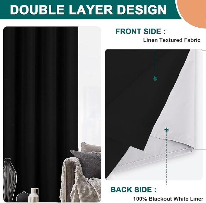 Diraysid 100% Blackout Curtains Black Linen Curtains - Image 7