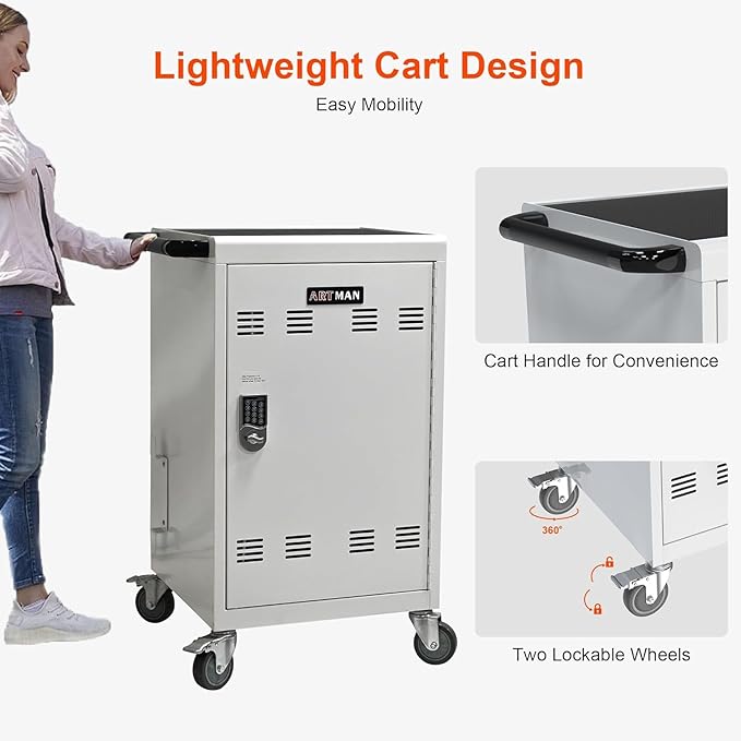 Aokleo 32 Devices Laptop Charging Cart with Password Lock,Tablet Storage Carts for Pad Up to 16.3" Screen,Classroom Computer Mobile Charging Station for Pads,Chromebooks,Laptops(White - Password Lock)