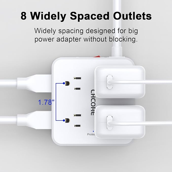10Ft Surge Protector Power Strip - CHCORE Flat Plug Extension Cord with 8 Outlets and 4 USB Ports(2 USB C), 3 Side Wall Mount Outlet Extender for Home Dorm Room Essentials, ETL Listed, White