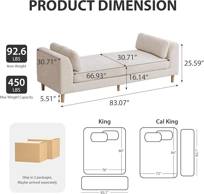 83.1" Oversized Chaise Lounge, Chenille Upholstered End of Bed Bench - Image 2