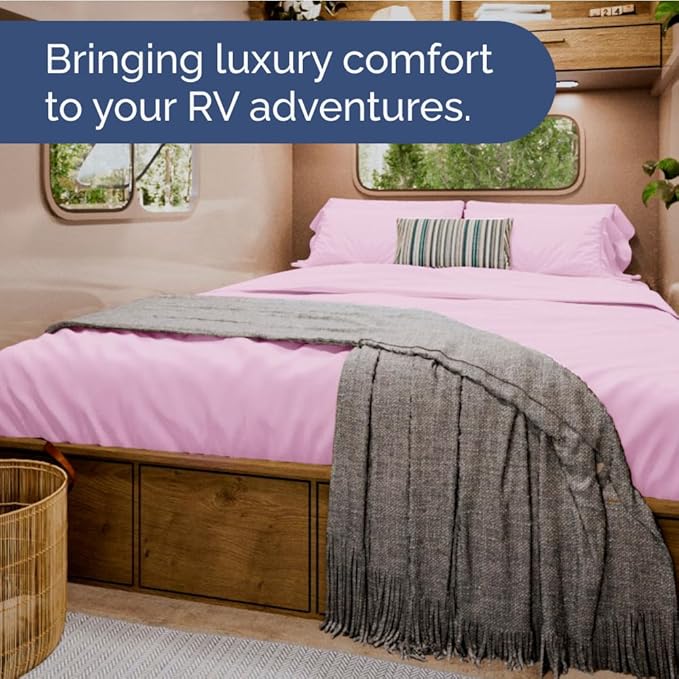 RV Short Queen Sheet Set 60 X 75 - 4 Piece RV Short Queen Bed Sheets - Soft, Breathable & Cooling - Designed for Bunks, Trailers & Campers - Fits 8” to 12" Mattress - Hotel Luxury Bedding - Light Pink