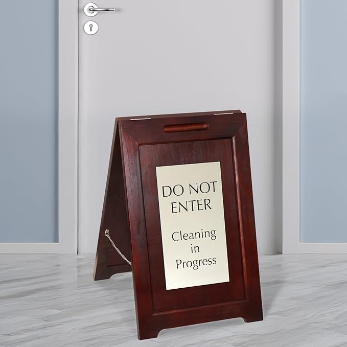 SmartSign Premium 'Do Not Enter Cleaning in Progress' Wooden A-Frame Standing Floor Sign, 2-Sided, 24" x 15", Hardwood Pine Frame, 120 mil Silver ACM Sign, Black on Silver, Made in USA