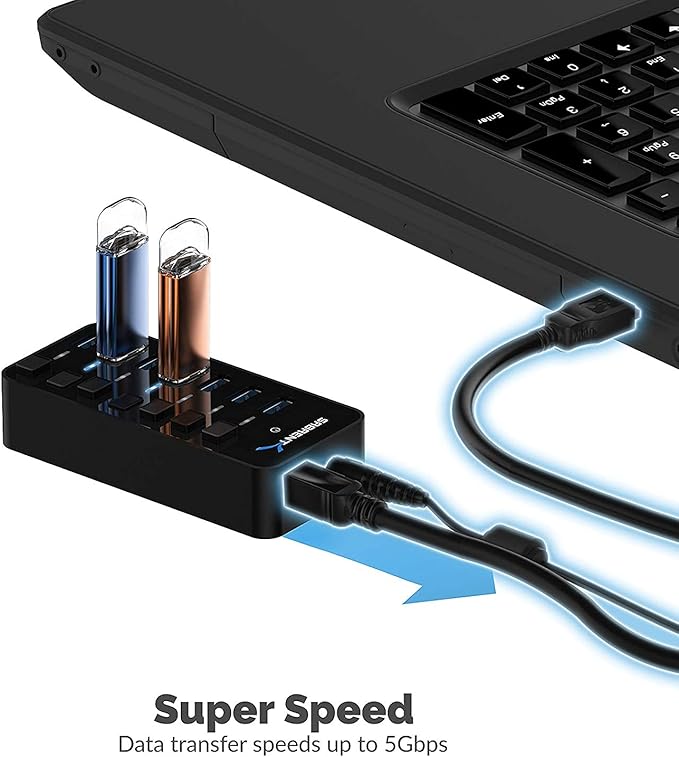 SABRENT 36W 7 Port USB 3.0 Hub with Individual Power Switches and LEDs Includes 36W 12V/3A Power Adapter (HB-BUP7)