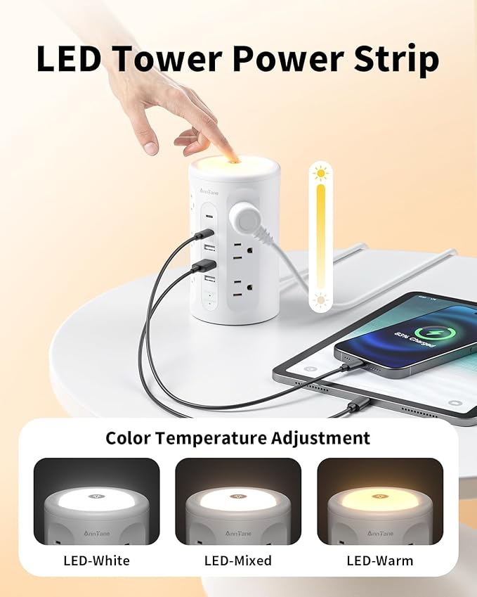 AnnTane Power Strip Tower with Night Light, 15W Surge Protector Power Strip with USB Ports, 10 FT Extension Cord with Multiple Outlets (12AC+3A+2C) for Home Office Desk DormRoom (White)