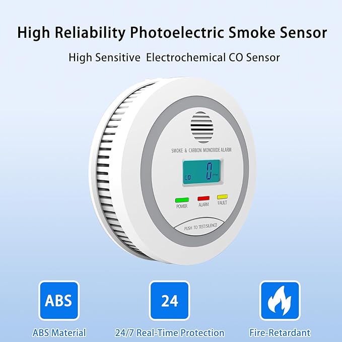 Virtue Sensor Smoke & Carbon Monoxide Detector, 2-in-1 CO Detector Alarm for Home Garage RV with LCD Display Safety Alarm System Audible and Visual Alert (1 Pack with Batteries)