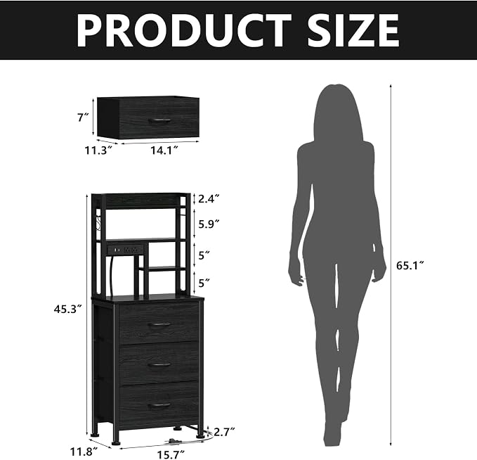 Black Nightstand with Bookshelf, Tall Bedside Table & Night Stand | 3 Fabric - Image 3