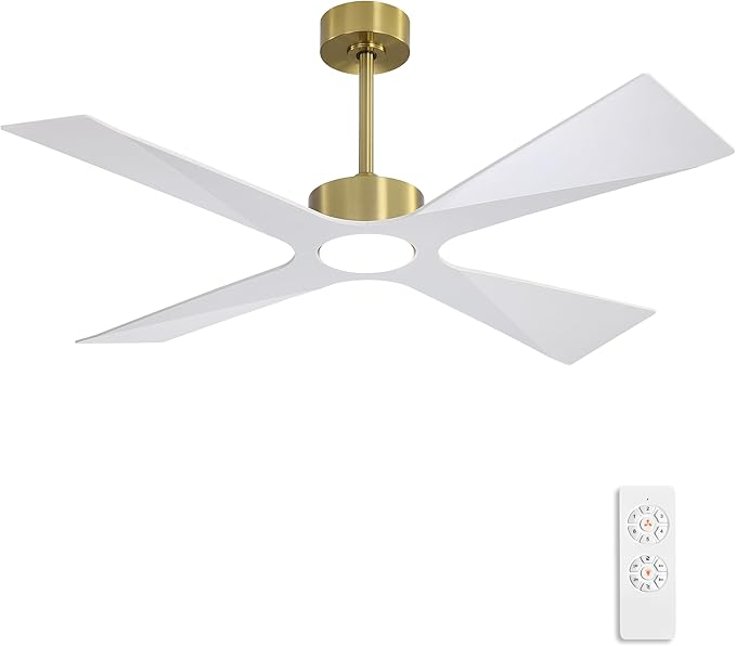 WINGBO 54" Wet Rated Outdoor Ceiling Fan with Lights, 4 ABS Plastic Blades, Reversible DC Motor, 6-Speed Remote Control, 3 CCT, Waterproof Ceiling Fan for Patio Porch Gazebo Garage, Brass and White