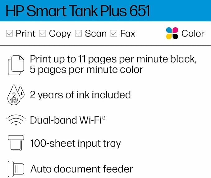 HP Smart Tank Plus 651 Wireless All-in-One Printer, Ink Tank Printer-for-Home Use, up to 2 Years of Ink in Bottles, Auto Document Feeder, Mobile Print, Scan, Copy, Fax (7XV38A)