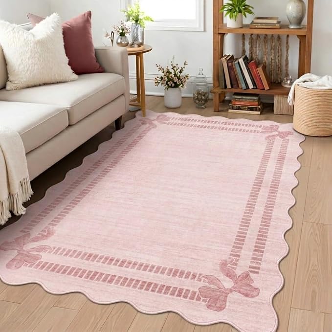 Latte&Fog Washable 3x5 Entryway Rugs Pink Scalloped Cute Bow Area Rug | by LatteFog