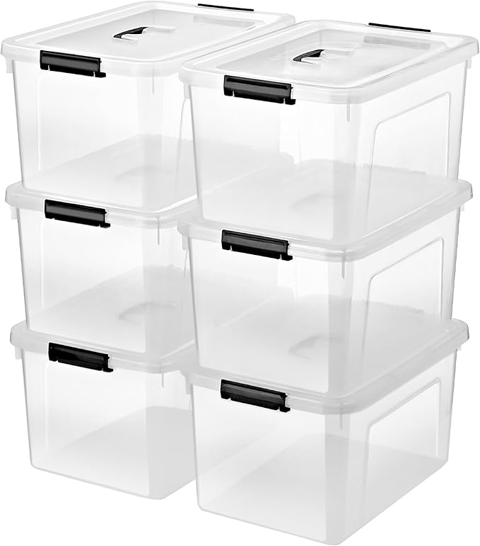 JUJIAJIA 19 Quart Plastic Storage Bins with Lids, 6-Pack Stackable Clear Storage Organizing Box with Handle