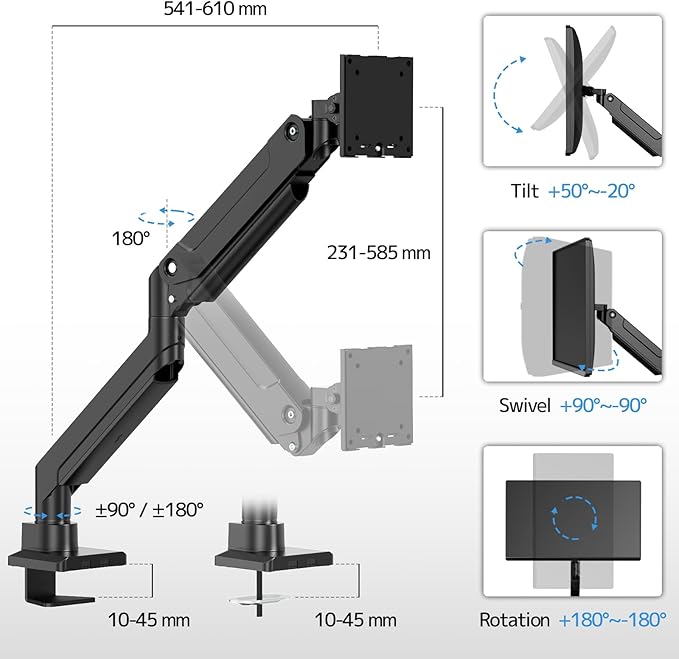 PUTORSEN 17-49 Inch Ultrawide Monitor Arm, up to 20KG, Heavy Duty Monitor Arm, Premium Aluminium Monitor Mount for Flat/Curved Monitor with VESA 75 * 75/100 * 100 mm, Gas Spring Monitor Desk Mount