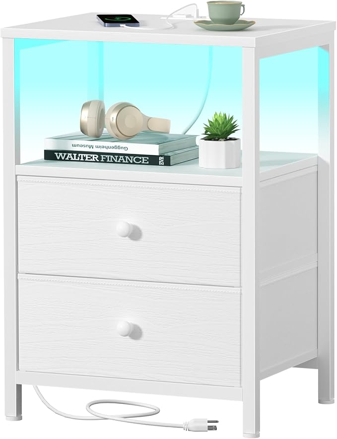 BOLUO White Nightstand with Charging Station, LED Night Stand with 2 Fabric by BOLUO