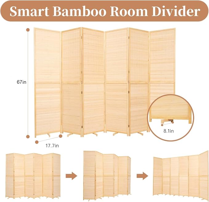 Room Divider Folding Privacy Screens, Hand-Made Natural Bamboo Room Dividers | - Image 5