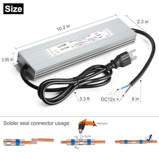 LED Power Supply 150 Watts LLTOP Waterproof IP67 LED Driver 100-264V AC to 12V DC 12.5A Low Voltage Transformer Converter Ultra Slim Power Adapter for Indoor Outdoor LED Lights