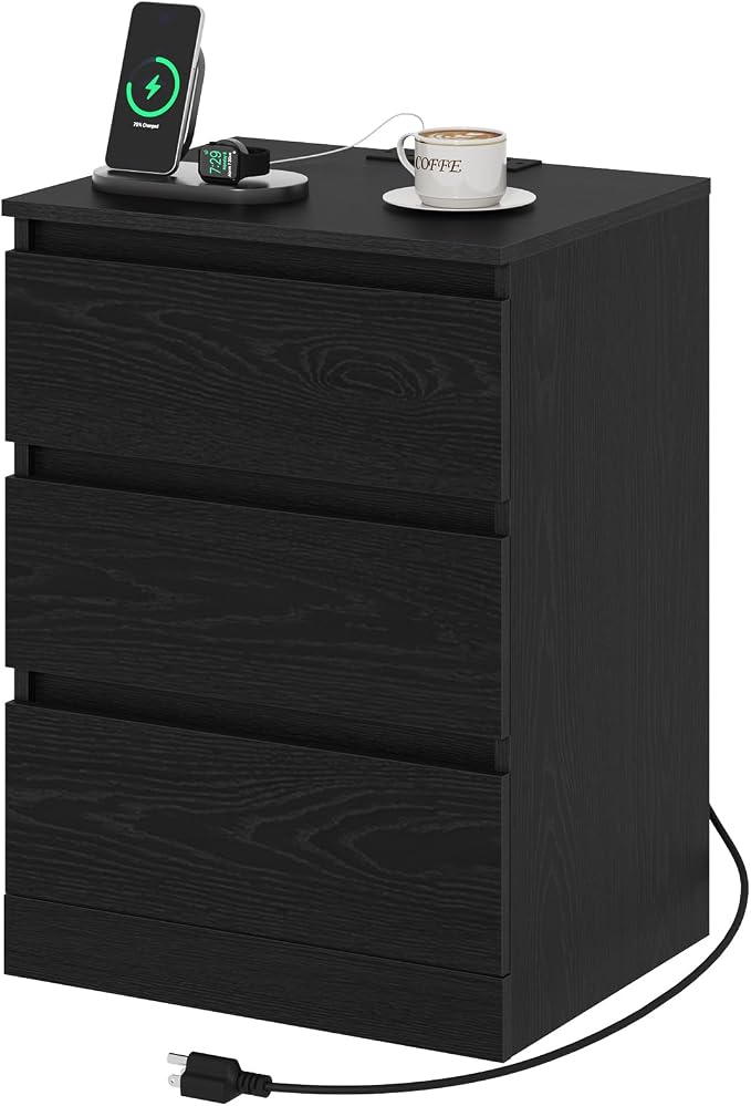 Nightstand with Charging Station, Bedside Tables with 3 Drawers, Side Table by Draelibor