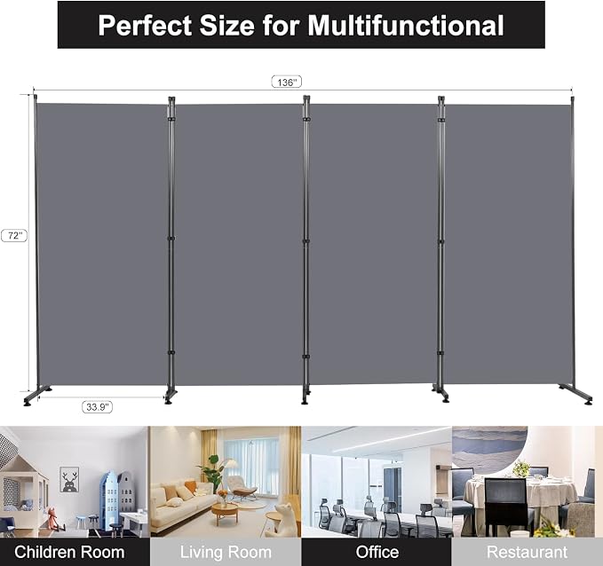 Room Divider 4 Panel Folding Privacy Screen, Round Pad Design Wall Divider | - Image 6