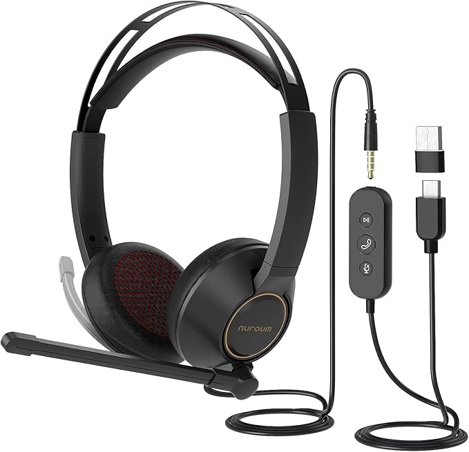 NUROUM HP11DU Wired Headset, Dual-Ear (Stereo) Headphones with Noise Canceling Microphone, On Ear Computer Headset with in-line Control, USB/Type-C, PC Headset for Home Office Online Class Skype Zoom