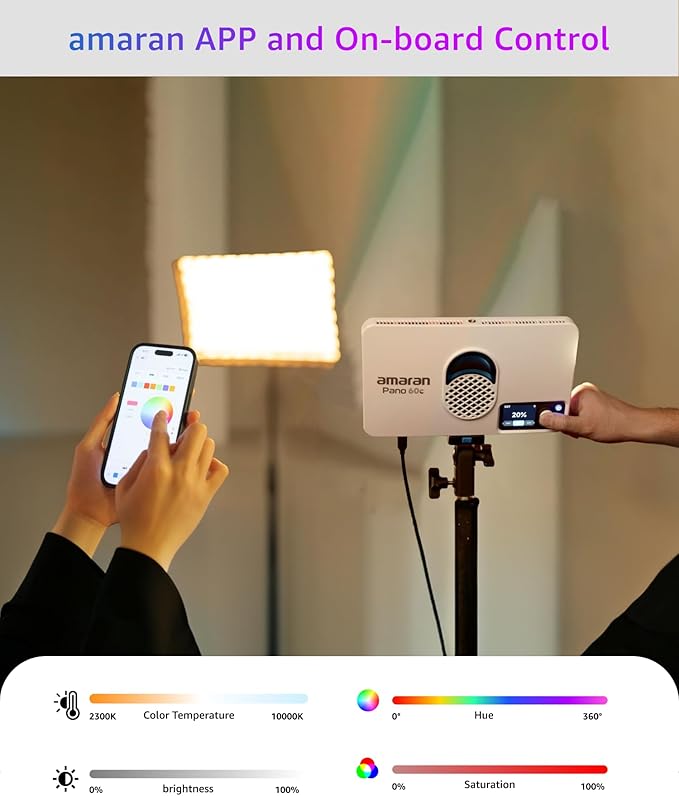 amaran Pano 60c Kit,Compact 60W RGBWW Full Color Panel Light,Support USB-C PD,CCT 2,300K-10,000K,12 Lighting Efects,APP Control w/Softbox Carrying Case Studio Light Photography Lighting (White)