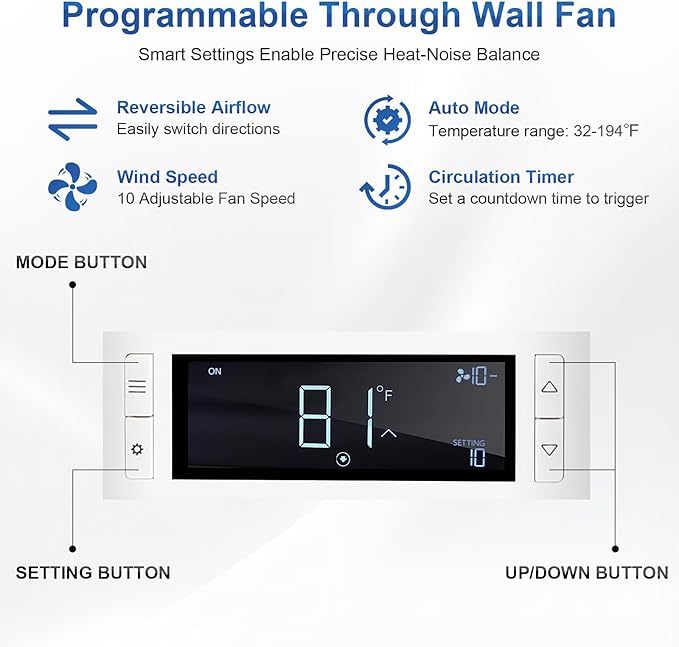 8" Room to Room Air Transfer Fan for Quietly Circulating Air, Reversible Airflow Design, 300 CFM Programmable Through Wall Fan, Durable Build Quality, 10 Speed Thru Wall Exhaust Fan for Closet,Laundry