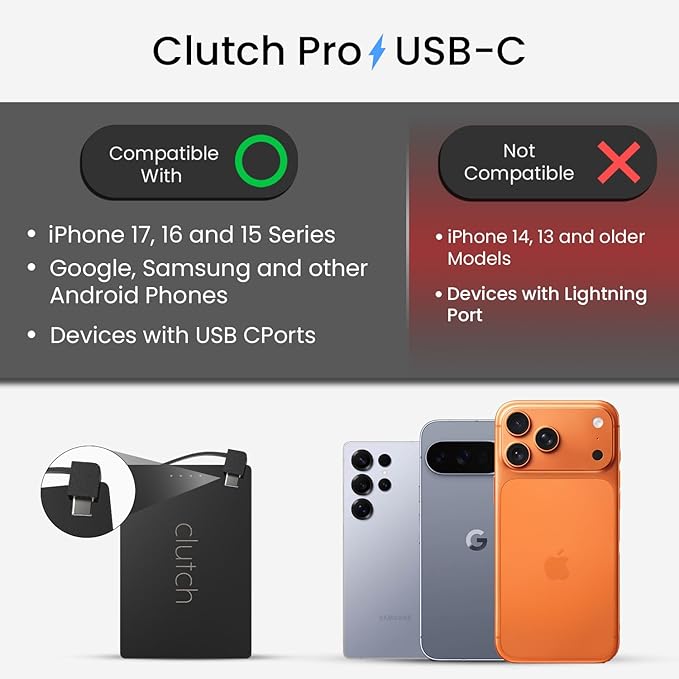 Clutch - Pro USB-C Portable Charger - Compatible with iPhone 15,16, 17 & Android Devices - Power Bank Magnetic Battery - TSA Travel Approved - USB Rechargeable - Built-in Cable - 5000 mAh - 3.7oz