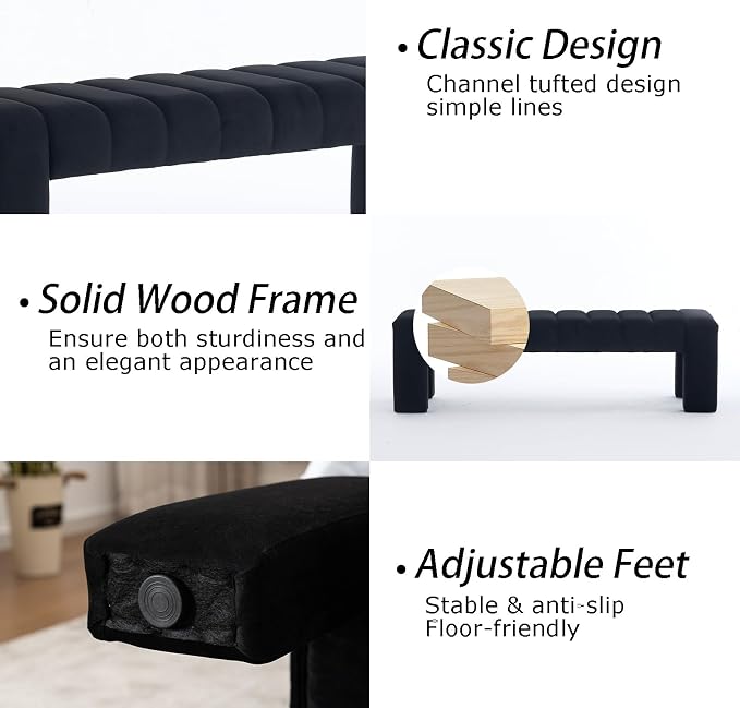 59" Velvet Black Bench for Bedroom King Size Bed Window End of Bed | Long - Image 6