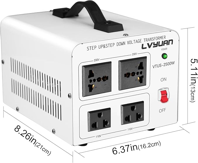 LVYUAN 2500 Watt Voltage Transformer Converter Step Up/Down Converter 110/120 Volt - 220/240 Volt with 2 US outlets, 2 Universal outlets and CE Certified,Circuit Break Protection