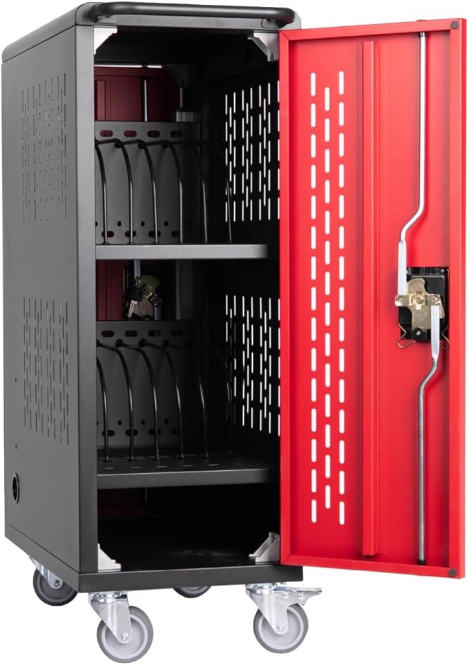 VOOTOLOVER 16 Bay Mobile School Charging Cart Station, Black Cart for Chromebook/Tablet/Laptop, with Power Strip, Lockable Doors, 2 Locking Casters & Ventilated Panels, 20" W×12.23" D×34.06" H