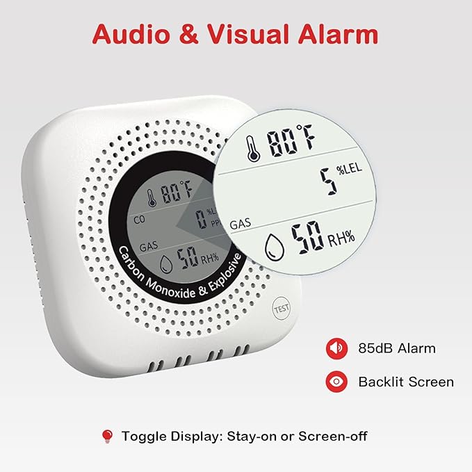 4-in-1 Carbon Monoxide & Natural Gas Leak Detector, Foldable Plug-in CO/Gas Alarm with Temperature & Humidity Display for Home, Apartment, RV