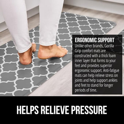 GORILLA GRIP 2 Pack Comfortable Cushioned Kitchen Mats for Floor, 17x24 + 17x48, Waterproof and Stain Resistant, 1/2 Inch Thick Ergonomic Standing Desk Anti Fatigue Mat, Foam Supports Feet, Grey White