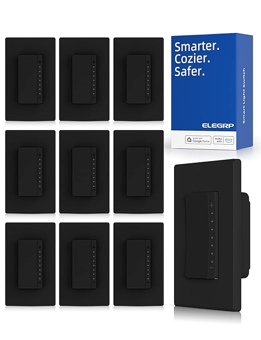 ELEGRP Smart Dimmer Light Switch DPR30, 2.4GHz Wi-Fi Dimmer Switch Compatible with Alexa/Google Assistant, Single Pole/3 Way, Needs Neutral Wire, No Hub Required, UL and FCC Listed, Black, 10 Pack