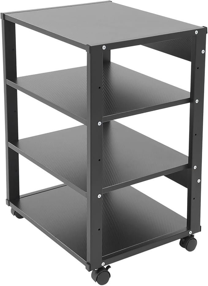 5-Tier AV Media Stand with Universal Wheels, Center Stereo Components Storage Stand, DVD/CD Holder with Adjustable Hole Spacing Movable Audio Media Stand for Living Room, Game Room (4 Tiers)
