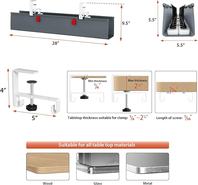Univivi No Drill Under Desk Cable Management Tray, 28 inch Cable Management | - Image 4