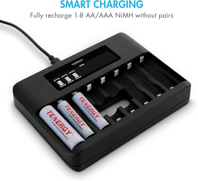 Tenergy TN480U 8-Bay LCD Display Fast Charger for NiMH/NiCD AA AAA Rechargeable Batteries with 8pcs 1000mah AAA Rechargeable Batteries
